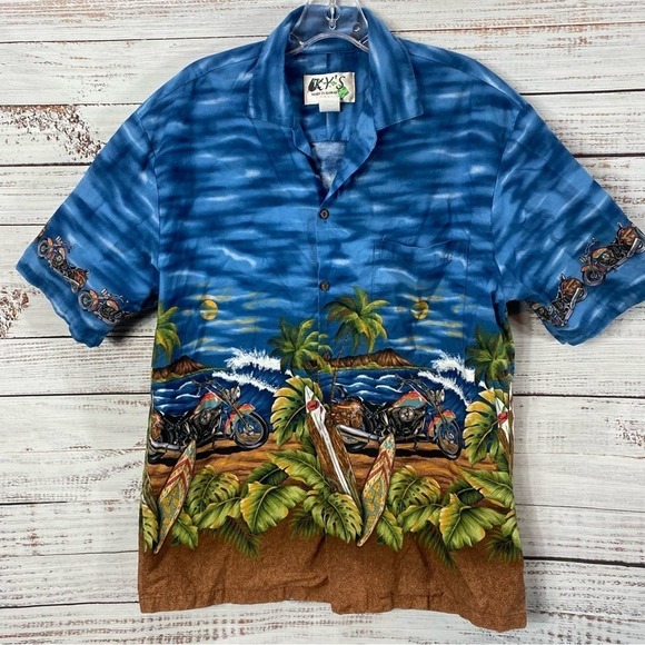 KY’S MOTORCYCLE‎ HAWAIIAN SIZE MED VINTAGE BUTTON DOWN SHIRT - Picture 1 of 4